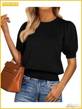 Puff Short Sleeve Knit Sweater Crewneck Pullover Loose Fit
